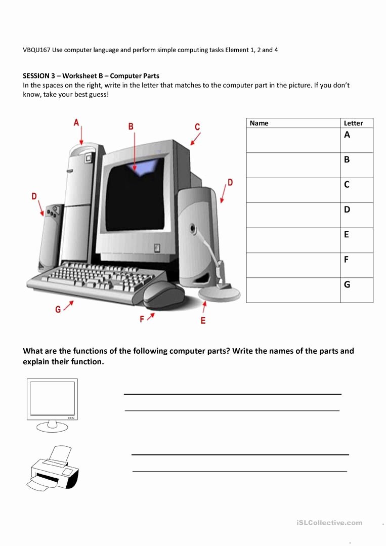 Parts Of A Computer Worksheet Luxury Puter Parts and their Functions Worksheet Free Esl