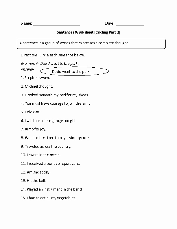 Parts Of A Sentence Worksheet Elegant Circling Simple Sentences Worksheet Part 2
