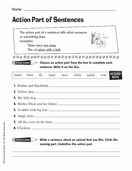Parts Of A Sentence Worksheet Inspirational Action Parts Of Sentences Worksheet for 1st 3rd Grade