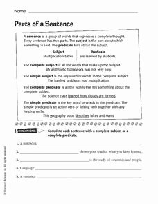 Parts Of A Sentence Worksheet Inspirational Parts Of A Sentence Worksheet for 2nd 4th Grade