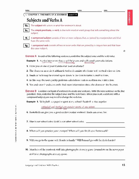 Parts Of A Sentence Worksheet Lovely Parts Of A Sentence Subjects and Verbs Worksheet for 6th