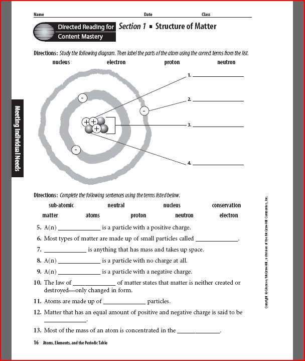 Parts Of An atom Worksheet Fresh Unit 4 Section 1 atoms and Subatomic Particles Miss