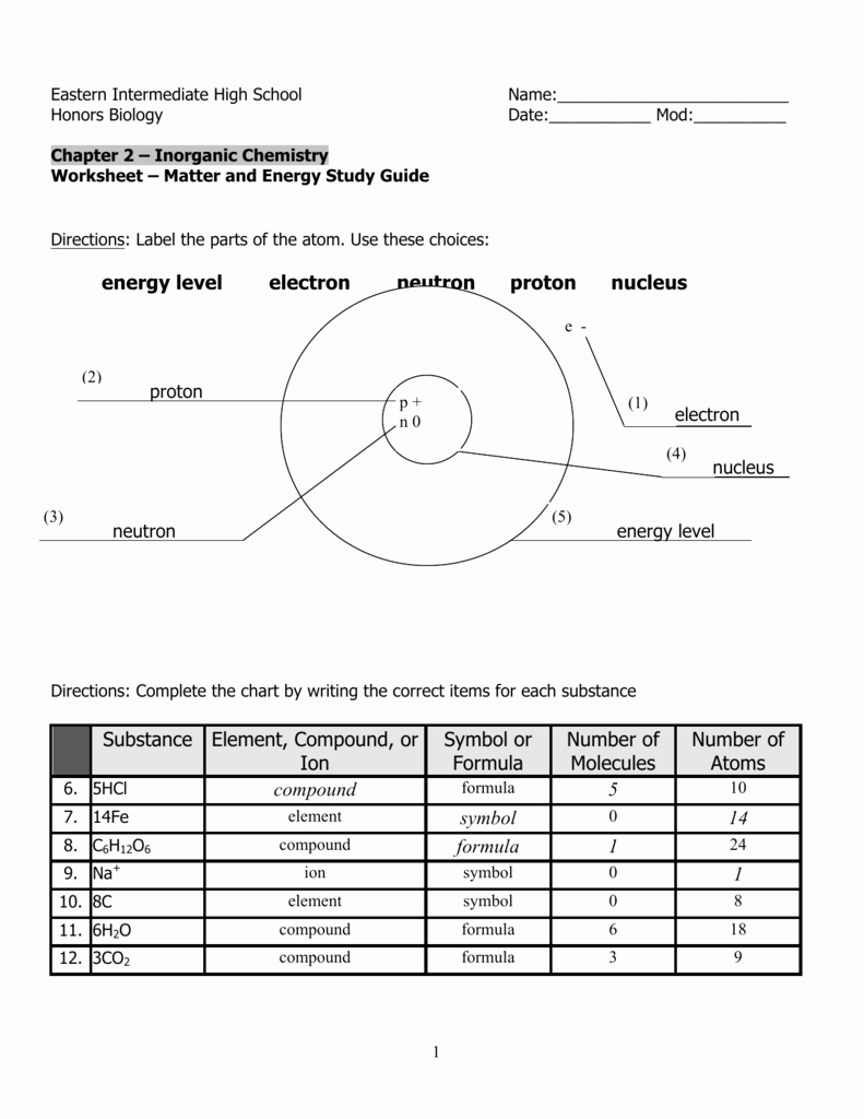 Parts Of An atom Worksheet Unique Worksheet Matter &amp; Energy Answer Key