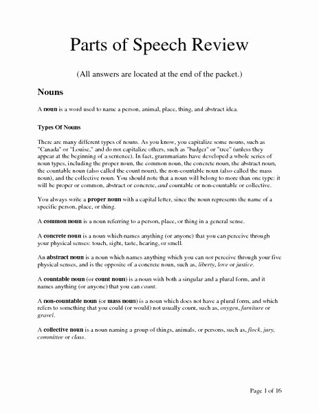 Parts Of Speech Review Worksheet Lovely Parts Speech Review Worksheets Secretlinkbuilding