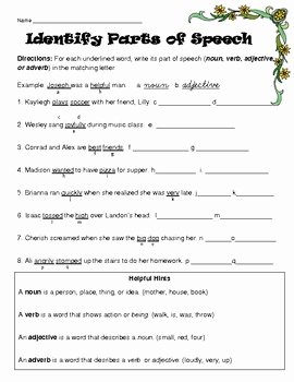 Parts Of Speech Review Worksheet New Parts Of Speech Identification Worksheet Activity by