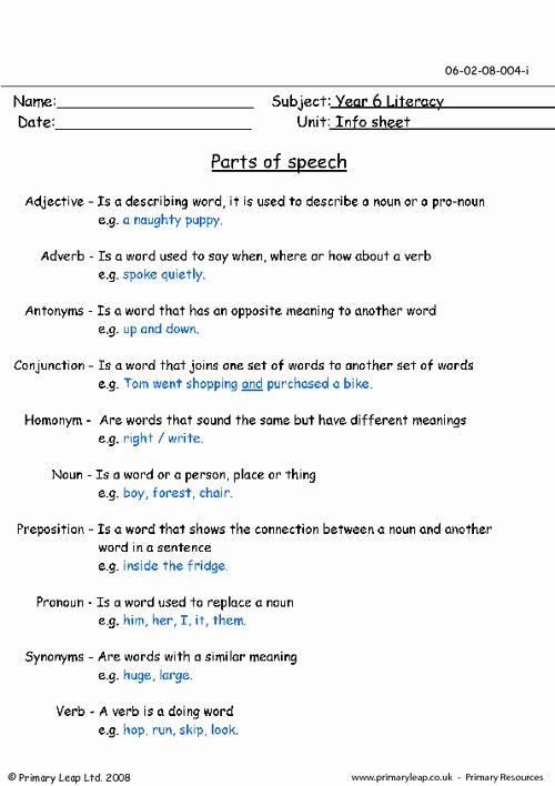 Parts Of Speech Worksheet Pdf Awesome Parts Of Speech