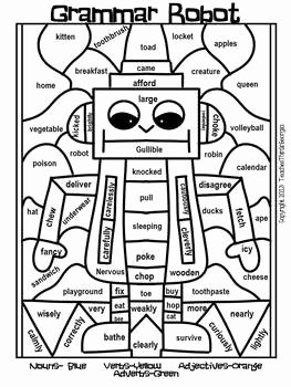 Parts Of Speech Worksheet Pdf Lovely Grammar Robots Parts Of Speech Grammar Mosaic Color by