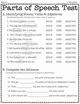 Parts Of Speech Worksheet Pdf Unique Parts Of Speech Test Identifying Nouns Verbs