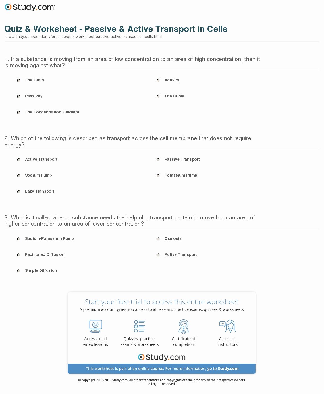 Passive Transport Worksheet Answers Awesome Quiz &amp; Worksheet Passive &amp; Active Transport In Cells