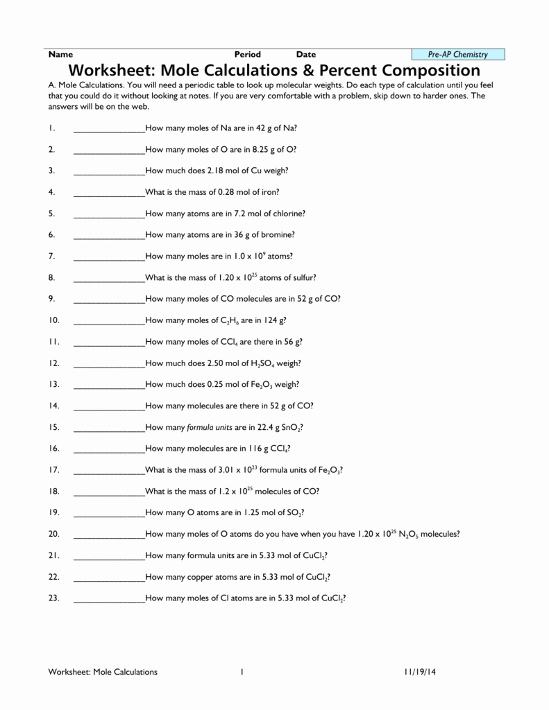 Percent Composition Worksheet Answers Awesome Worksheet Mole Calculations &amp; Percent Position