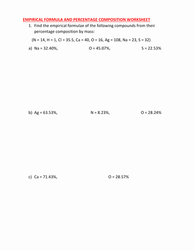 Percent Composition Worksheet Answers Inspirational Empirical formula Worksheet with Answer by Kunletosin246