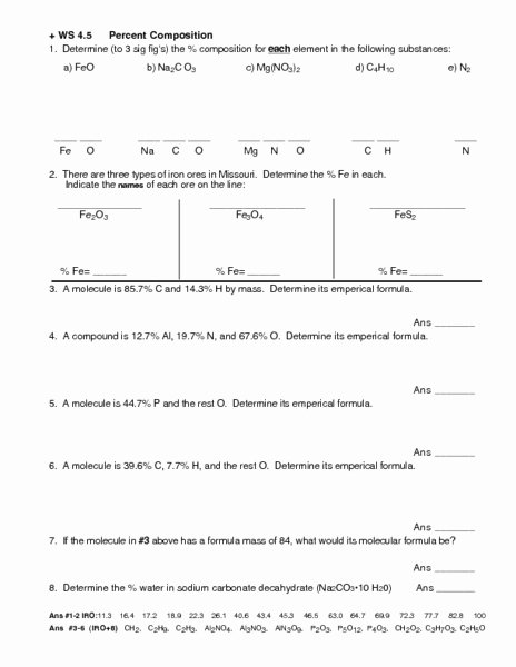 Percent Composition Worksheet Answers New Ws 4 5 Percent Position and Empirical formula Worksheet