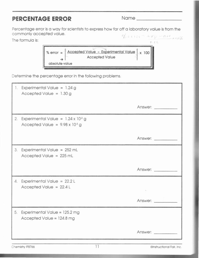 Percent Error Worksheet Answers Unique if Chemistry Workbook Ch099 A
