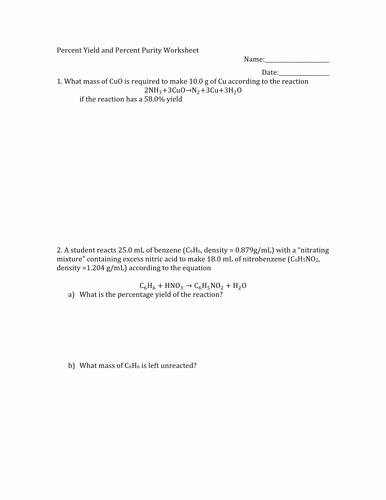 Percent Error Worksheet Answers Unique Percent Yield by Ck 12 Teaching Resources Tes