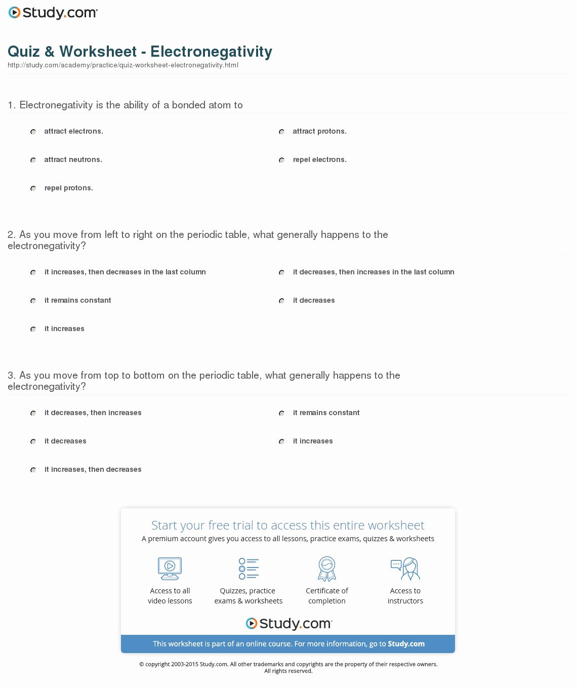 Periodic Table Practice Worksheet Lovely Quiz &amp; Worksheet Electronegativity