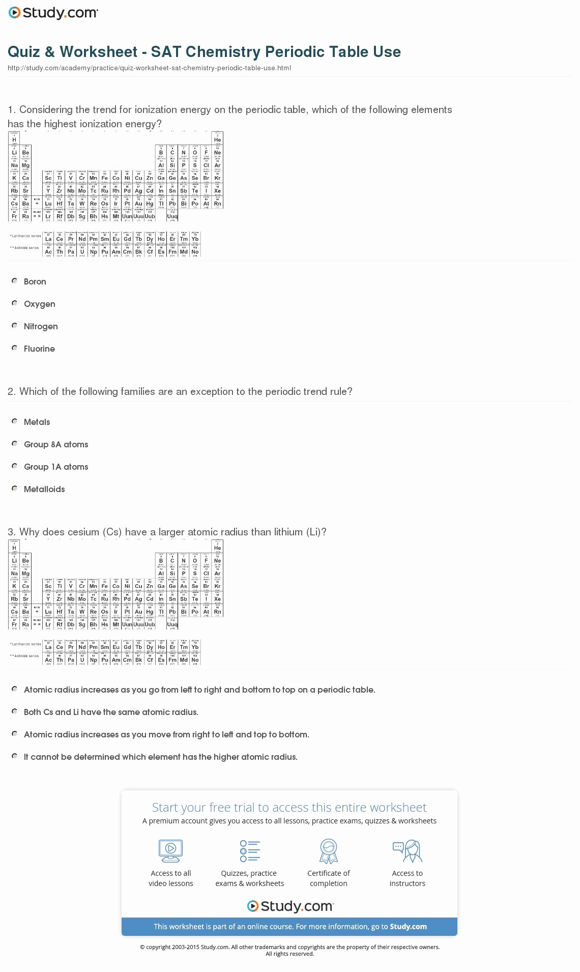 Periodic Table Practice Worksheet Unique Quiz &amp; Worksheet Sat Chemistry Periodic Table Use