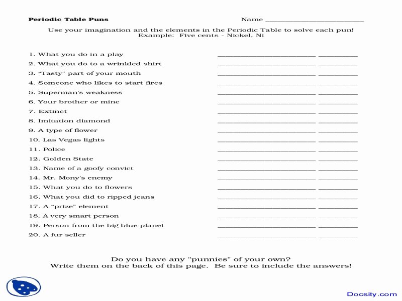 Periodic Table Puns Worksheet Beautiful Element Puns Worksheet Free Printable Worksheets