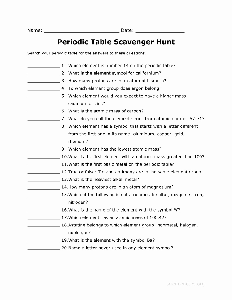 Periodic Table Scavenger Hunt Worksheet Best Of Periodic Table Scavenger Hunt Worksheet