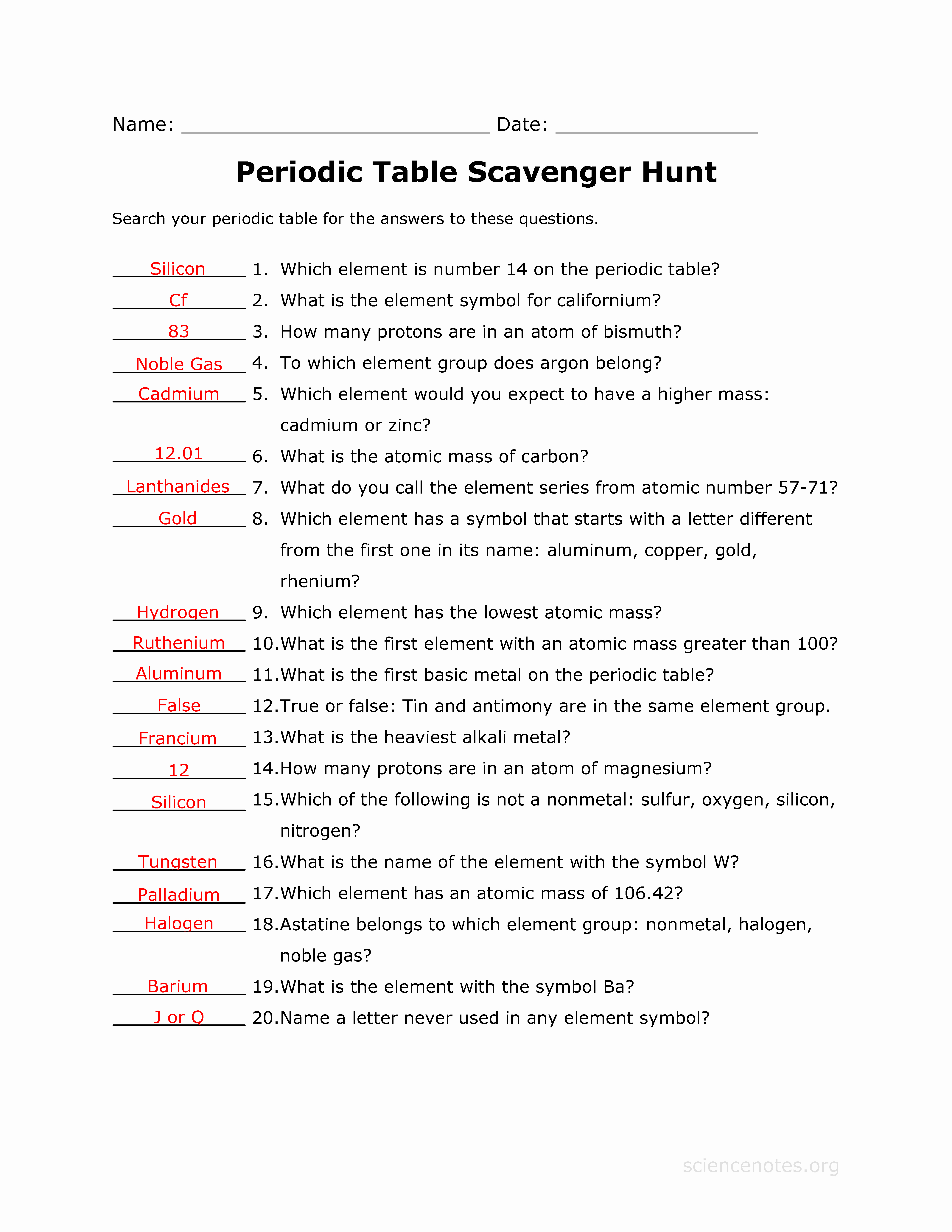 Periodic Table Webquest Worksheet Answers Inspirational Periodic Table Scavenger Hunt Answer Key Science Notes