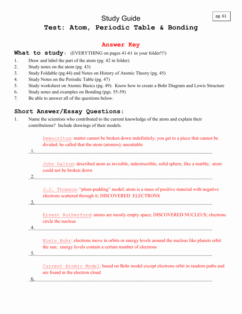 Periodic Table Worksheet Answers Unique Test atom Periodic Table &amp; Bonding Answer Key What to Study