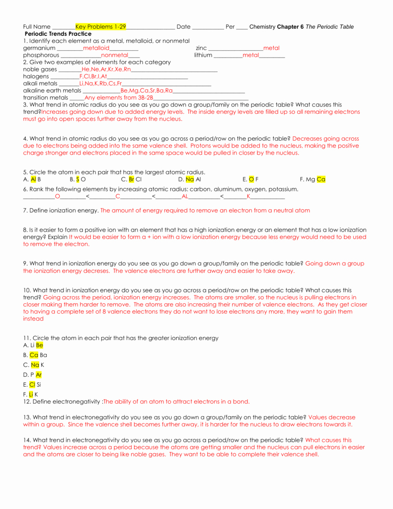 Periodic Trends Practice Worksheet Answers Beautiful Periodic Trends Practice Answer Key