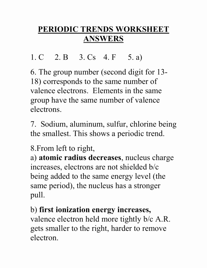 Periodic Trends Practice Worksheet Answers New Periodic Trends Worksheet Answers