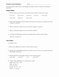 Periodic Trends Worksheet Answer Key Lovely Periodic Trends Worksheet Answers Page 1 1 Rank the