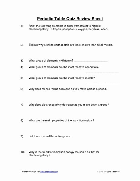 Periodic Trends Worksheet Answers Awesome Periodic Table Quiz Review Sheet Worksheet for 9th 12th