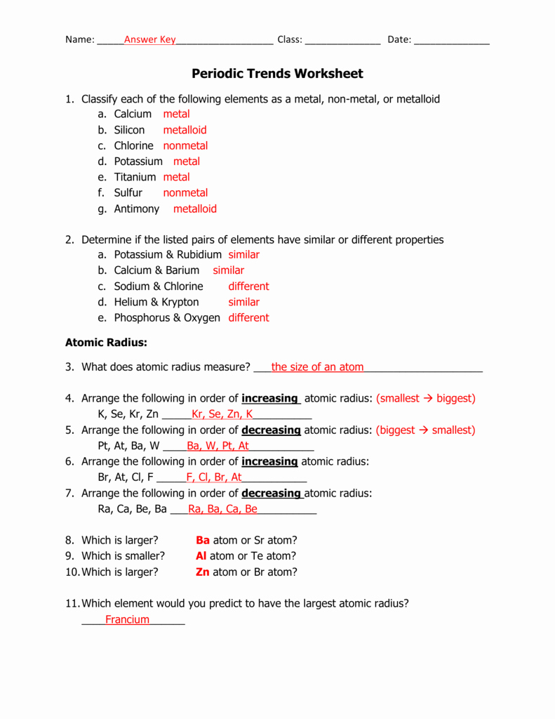 Periodic Trends Worksheet Answers Awesome Periodic Trends Worksheet