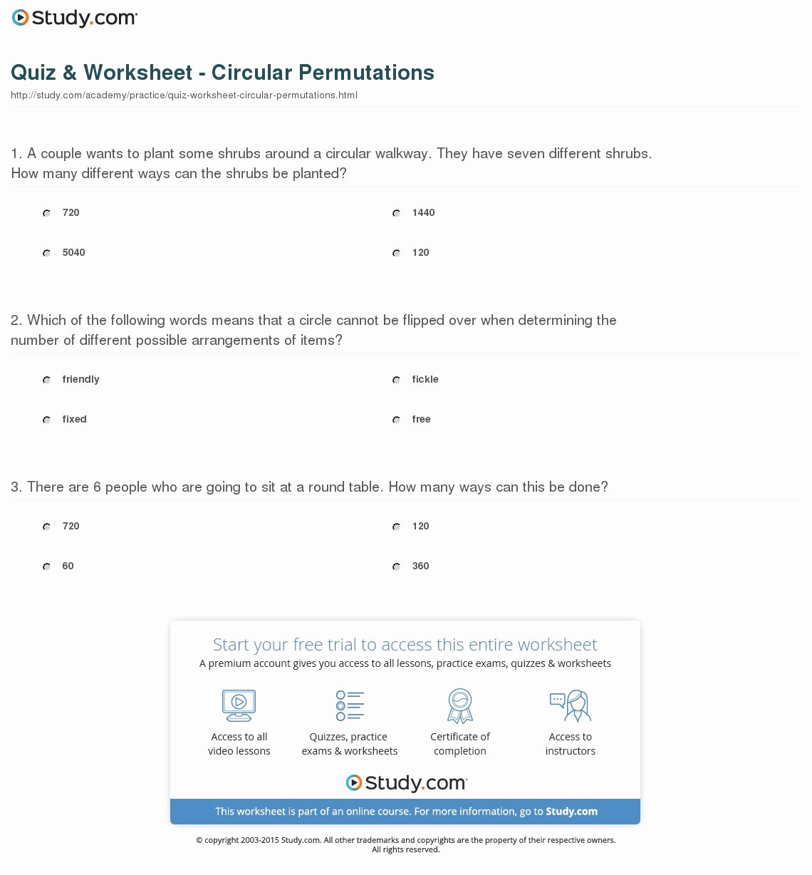 Permutations and Combinations Worksheet Answers Lovely Quiz &amp; Worksheet Circular Permutations