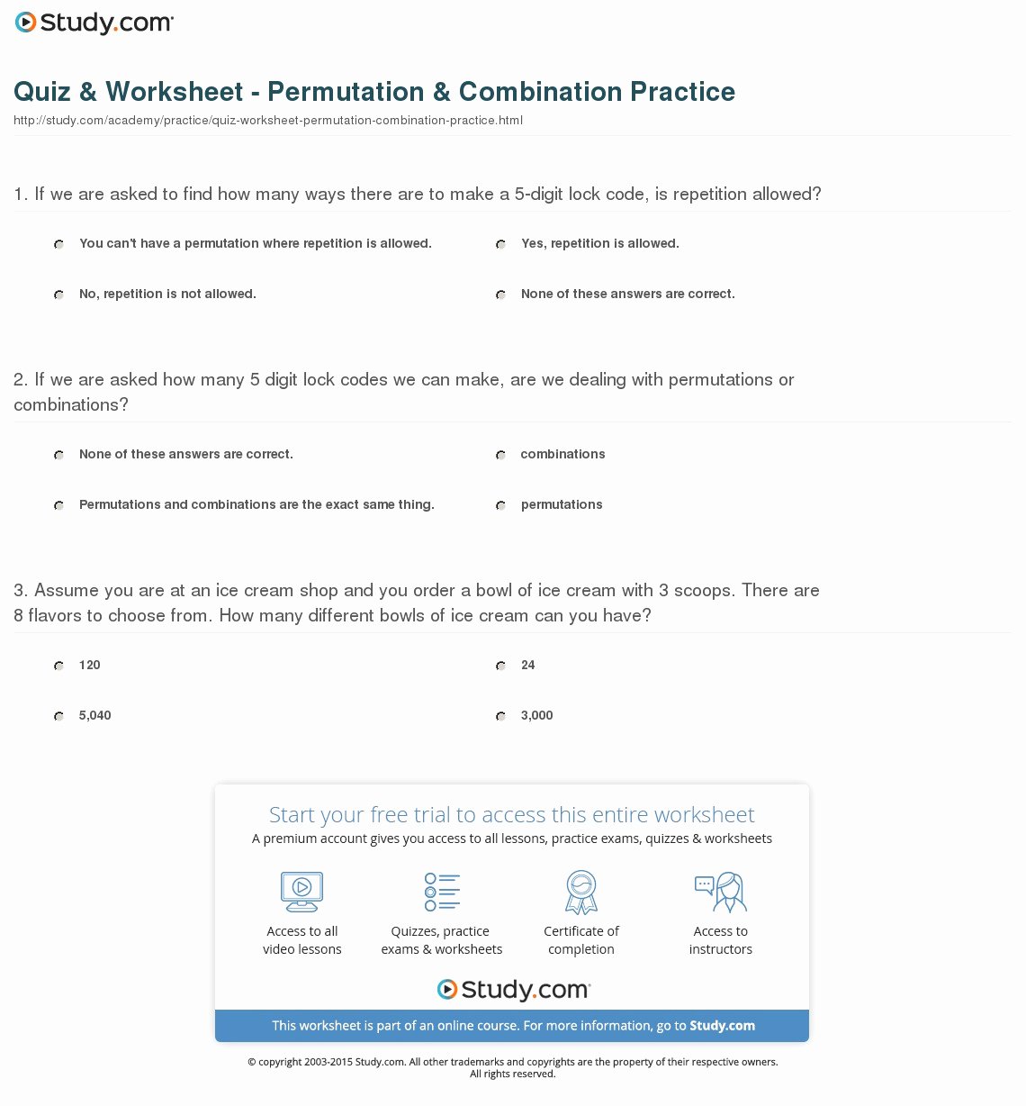 Permutations and Combinations Worksheet Awesome Quiz &amp; Worksheet Permutation &amp; Bination Practice