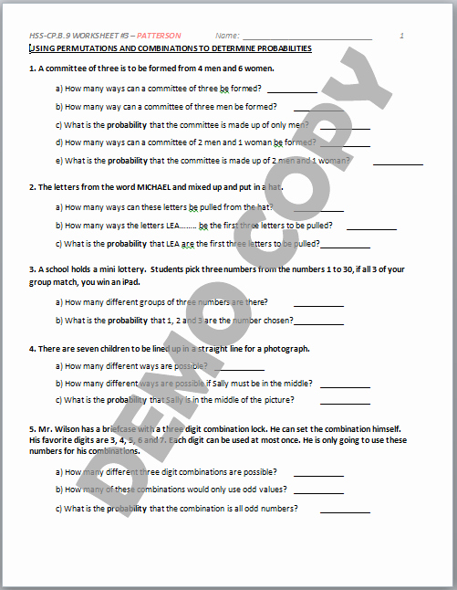 Permutations and Combinations Worksheet Beautiful High School Geometry Mon Core Hss Cp A 1 Sample