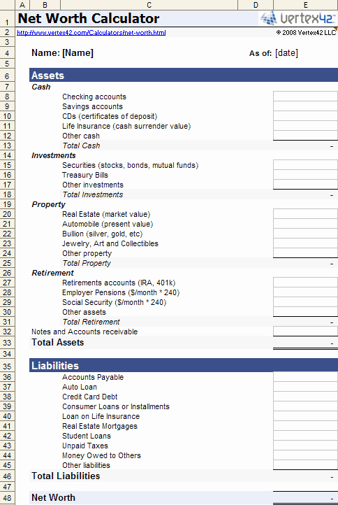 Personal Net Worth Worksheet Lovely Net Worth Calculator for Excel