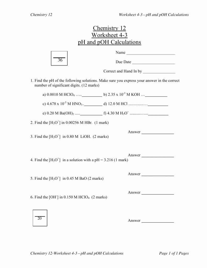 Ph and Poh Worksheet Answers Inspirational Ph and Poh Calculations Worksheet Answer Key