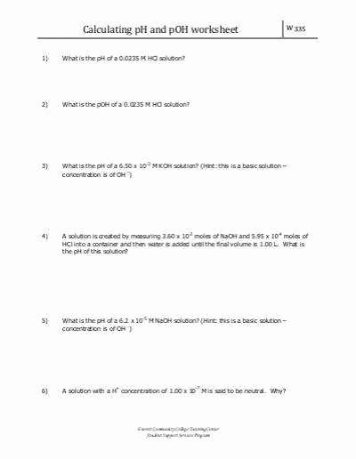Ph and Poh Worksheet Answers Inspirational Ph and Poh Worksheet