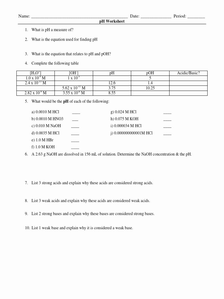 Ph and Poh Worksheet Answers Lovely Ph and Poh Worksheet Answers
