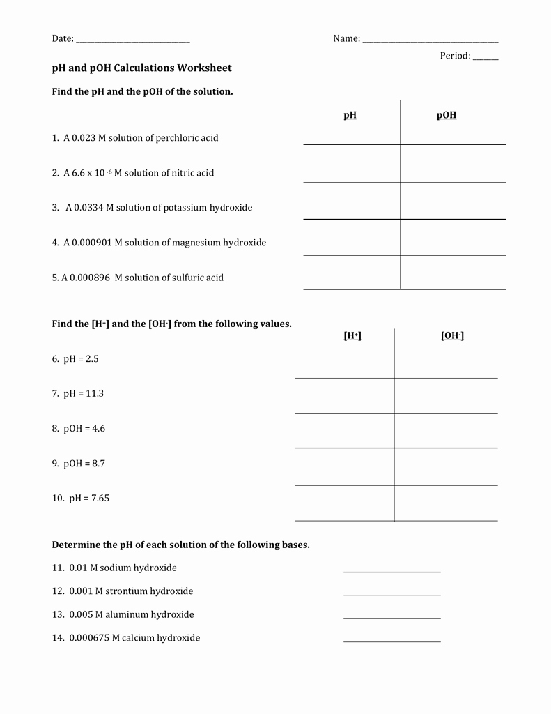 Ph and Poh Worksheet Best Of Ph and Poh Calculations Worksheet