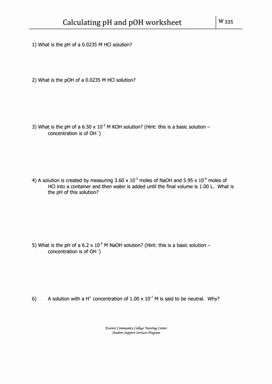 Ph and Poh Worksheet Lovely Calculating Ph and Poh Worksheet with Answers Printable