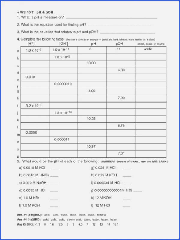 Ph and Poh Worksheet New Ph Calculations Worksheet