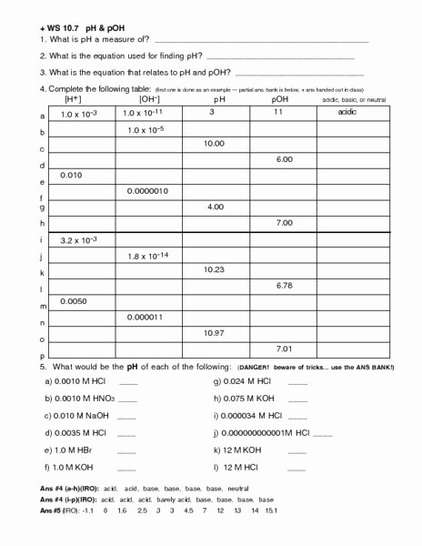 Ph Worksheet Answer Key Fresh Ws 10 7 Ph and Poh Worksheet for 10th 12th Grade