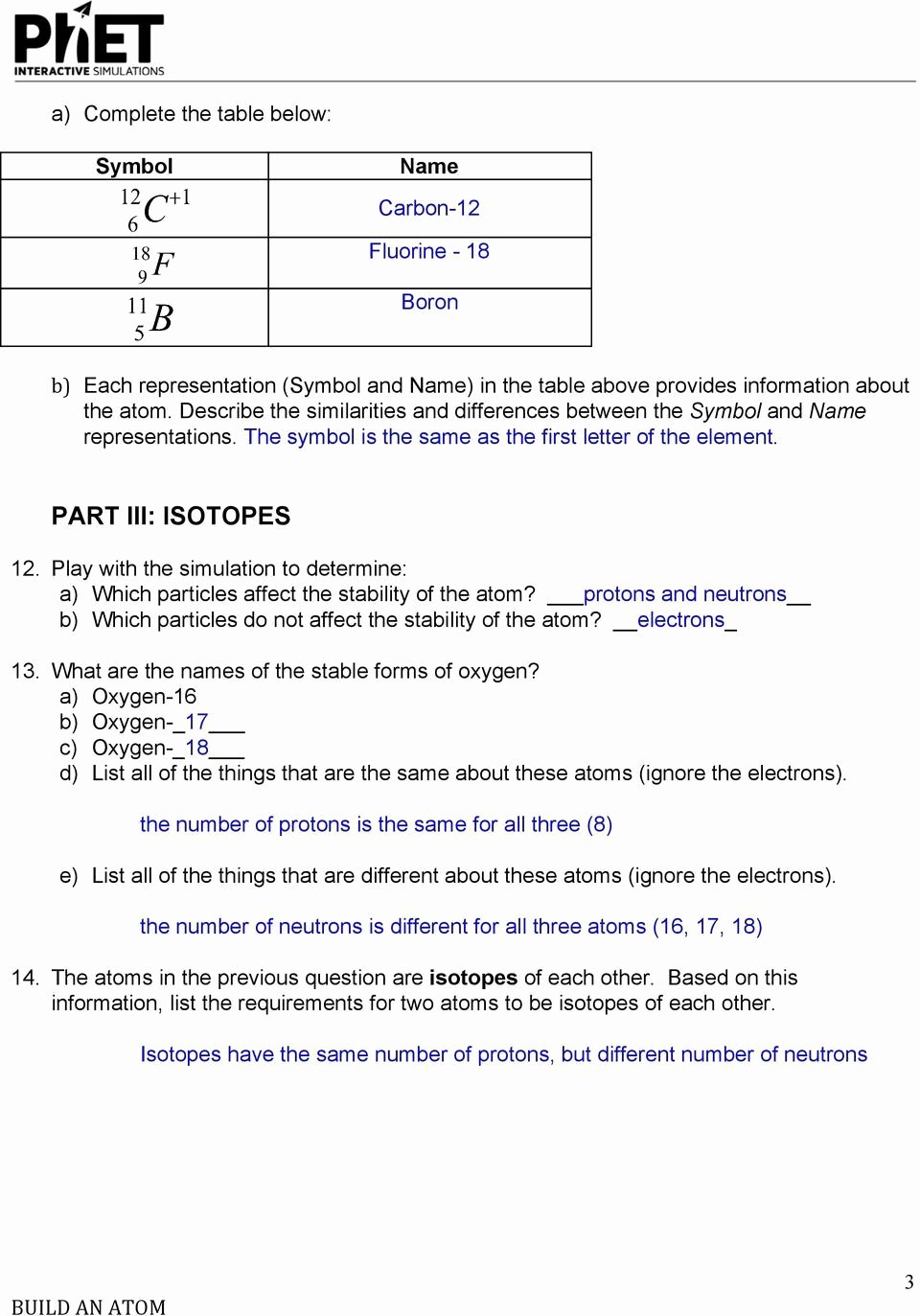 Phet Build An atom Worksheet Unique isotopes Different Elements Chapter 4 Worksheet Answers