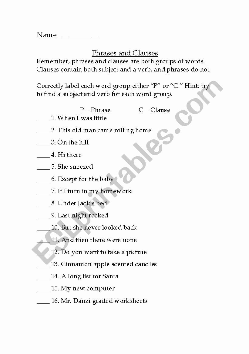 Phrase and Clause Worksheet Beautiful Identifying Phrases and Clauses Practice Sheet Esl