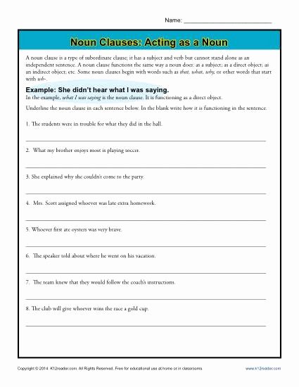 Phrase and Clause Worksheet Beautiful Noun Clauses Acting as A Noun