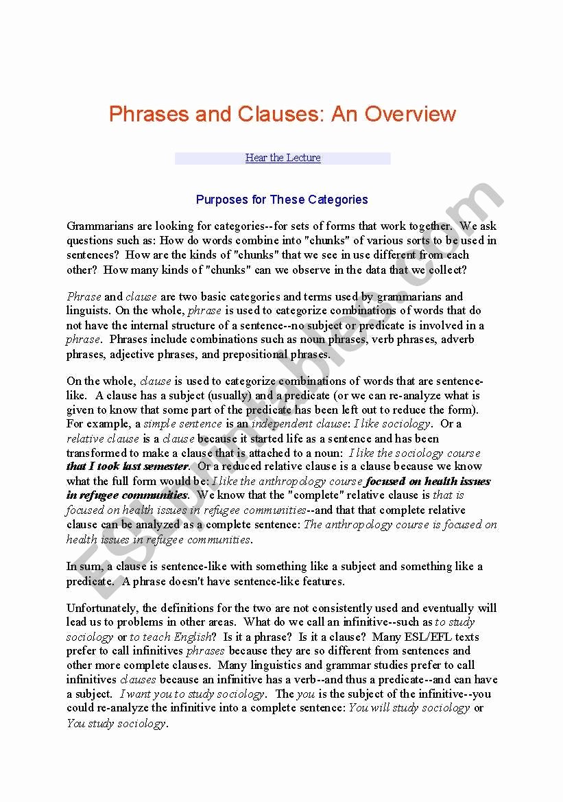 Phrase and Clause Worksheet Best Of Phrases and Clauses Esl Worksheet by Hhkk