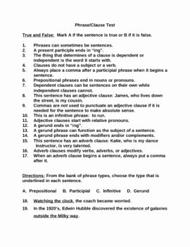 Phrase and Clause Worksheet Best Of Phrases and Clauses Test by Jennifer Moore