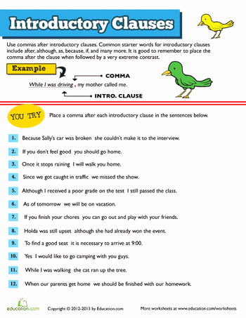 Phrase and Clause Worksheet Elegant Introductory Clauses Grammar Worksheets