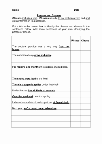 Phrase and Clause Worksheet Elegant Phrases and Clauses 2 by Crfgoodman Teaching Resources Tes