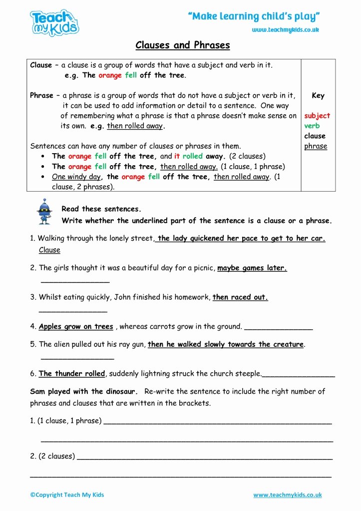 Phrase and Clause Worksheet Fresh Clauses and Phrases Tmk Education