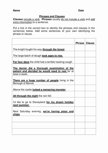 Phrase and Clause Worksheet Fresh Phrases and Clauses by Crfgoodman Teaching Resources Tes