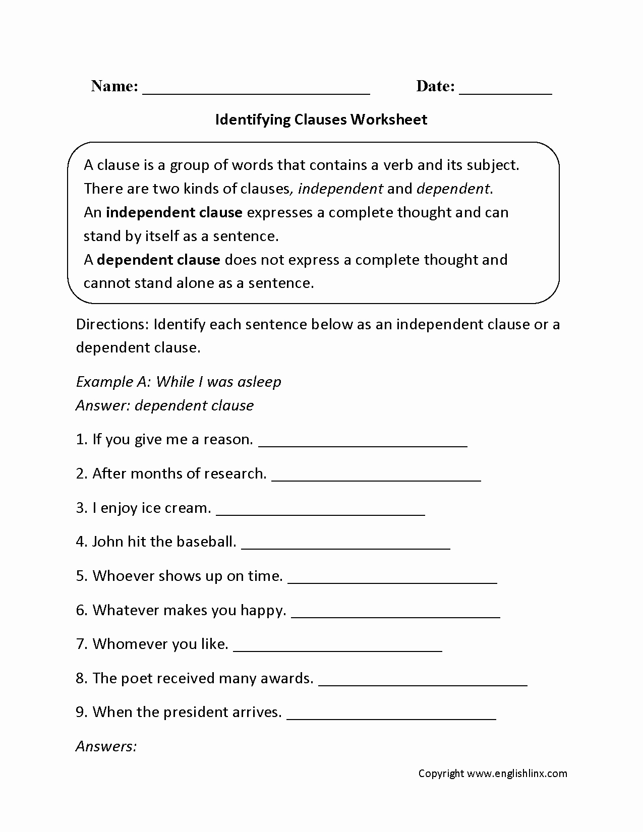 Phrase and Clause Worksheet Inspirational Englishlinx